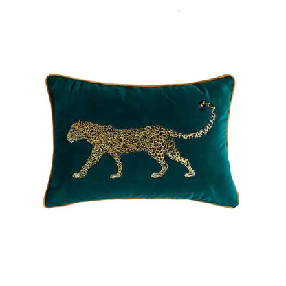 Emerald green velvet decorative pillowcase with intricately embroidered golden leopard for decorbites leopard embroidered decor