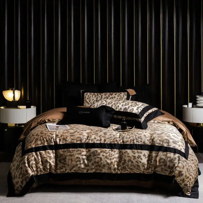 Elegant black and gold leopard jacquard lyocell cotton bedding set with satin trim for stylish bedroom decorbites collection