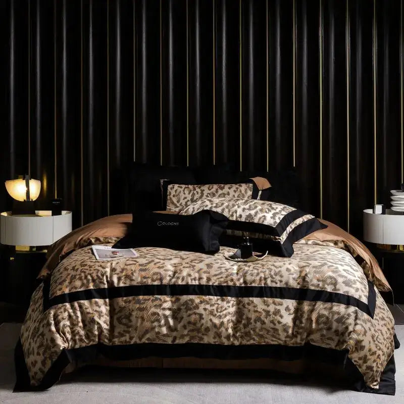 Elegant black and gold leopard jacquard lyocell cotton bedding set with satin trim for stylish bedroom decorbites collection