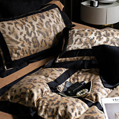 Luxury leopard-print satin bedding set with bold black trim in decorbites leopard jacquard lyocell cotton material