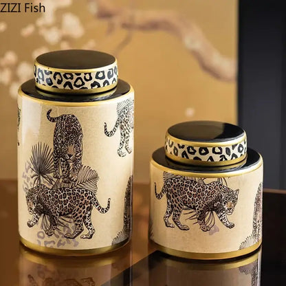 Cream-colored ceramic storage jar with leopard pattern and gold trim featuring decorbites leopard pattern lids
