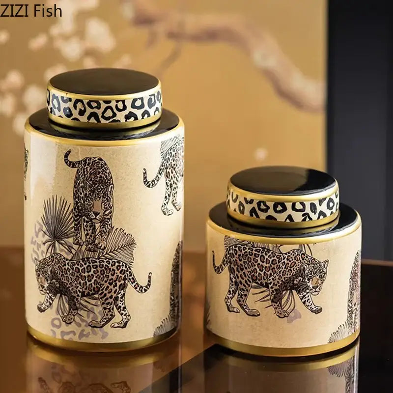 Cream-colored ceramic storage jar with leopard pattern and gold trim featuring decorbites leopard pattern lids