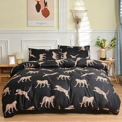 Black duvet cover with gold cheetah silhouettes featuring leopard print for decorbites leopard print bedding set