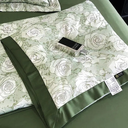 A delicate sage green satin pillowcase with white rose pattern and olive-green trim for decorbites leopard print summer decor