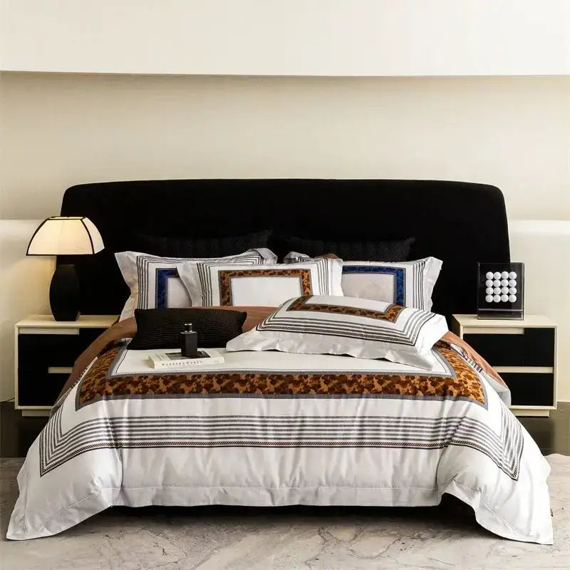 White bedspread with bold brown leopard print and black gray striped borders in decorbites 1000tc egyptian cotton bedding set
