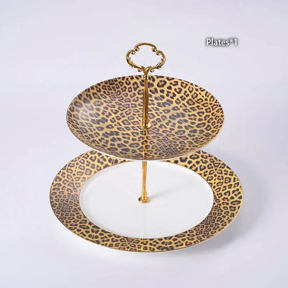 Gold-toned leopard print two-tier serving tray with ornate handle from decorbites leopard print coffee set decor