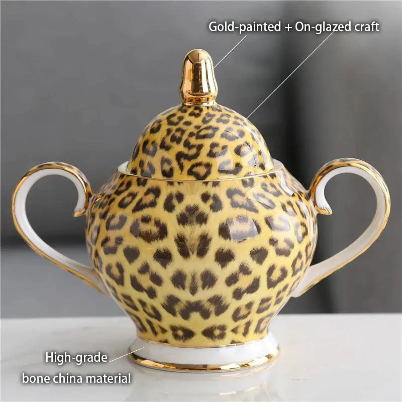 Elegant yellow leopard print sugar bowl with gold accents made of high-grade bone china for decorbites leopard print coffee set