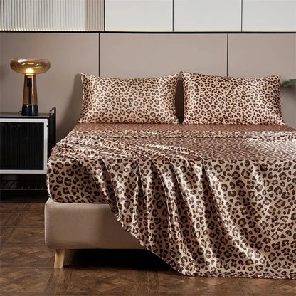 Leopard print satin bedsheet set in beige and brown tones featuring a smooth satin fabric for bedroom bedding