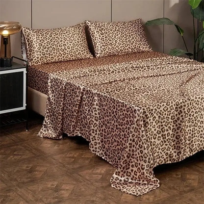 Leopard print satin bedsheet set with beige base and dark brown spots made of smooth fabric for bedroom bedding