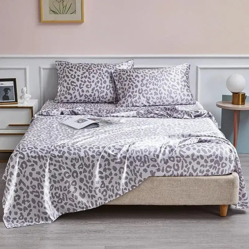 Gray and white leopard print satin bedsheet set featuring soft print satin material for beige and brown bedroom bedding