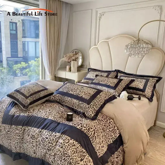 Leopard print velvet bedding set with navy blue trim and ruffled edges for elegant decorbites leopard print decor