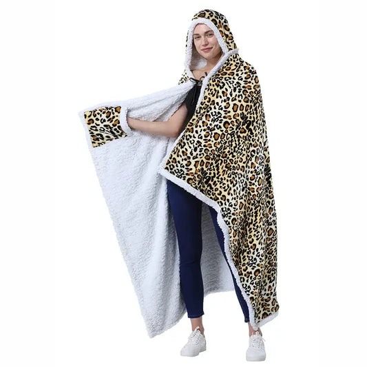 Leopard print warm wearable hooded blanket with plush white fleece lining and soft cozy texture by decorbites