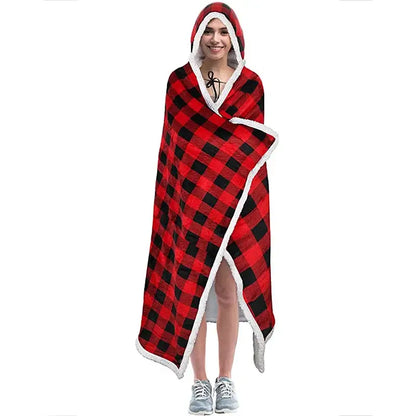 Red and black plaid hooded blanket with white fleece trim featuring decorbites leopard print warm wearable style