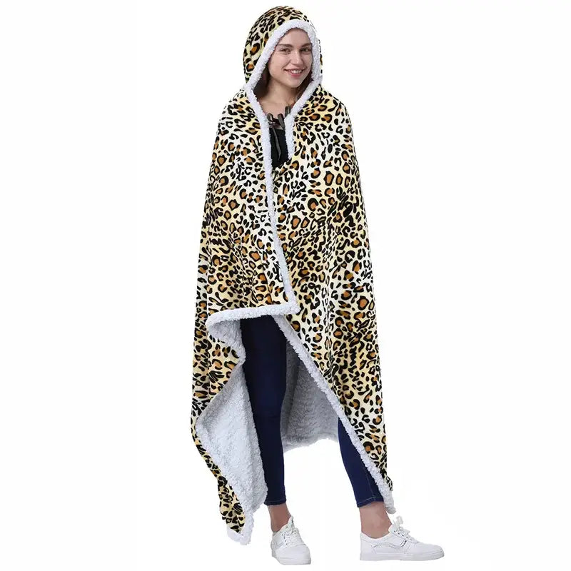 Leopard print warm wearable hooded blanket with white fleece lining and trim for cozy bedroom use decorbites leopard print