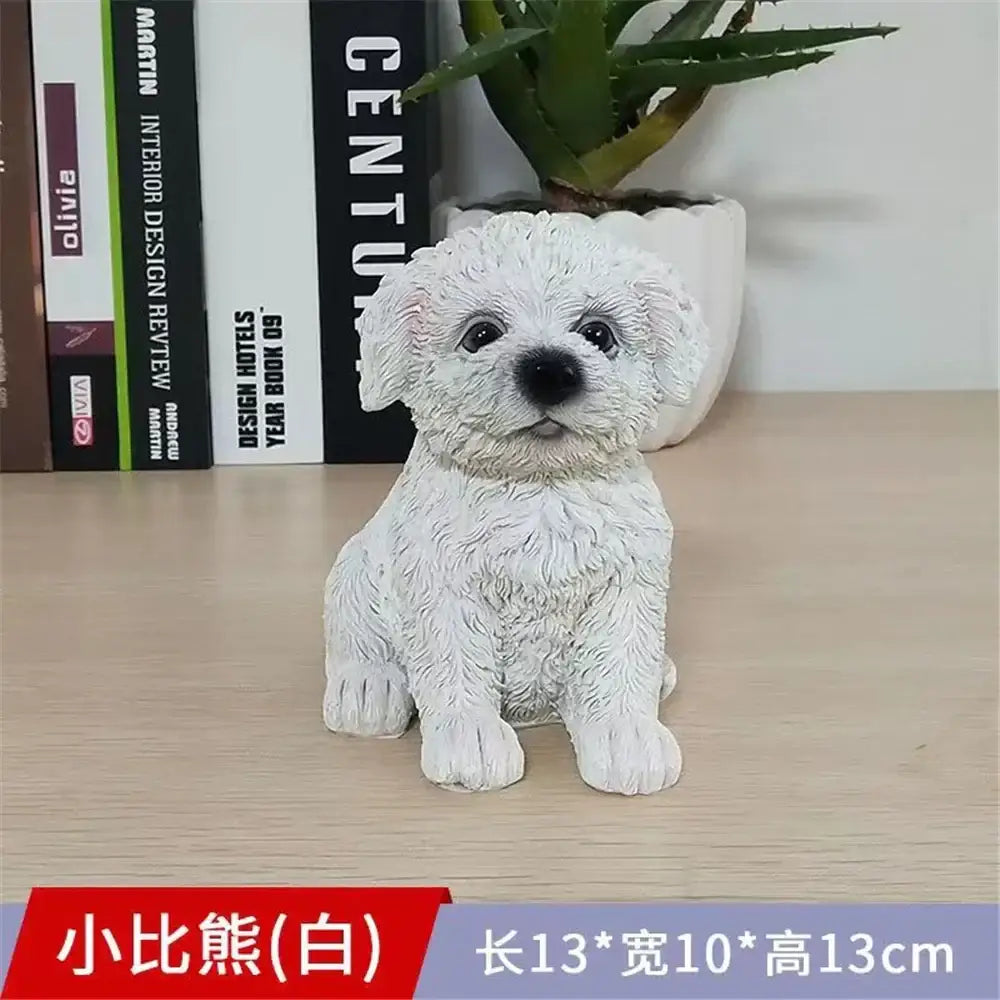 Lifelike black and white resin dog sculpture of a sitting bichon frise puppy with detailed fur for decorbites dog decor