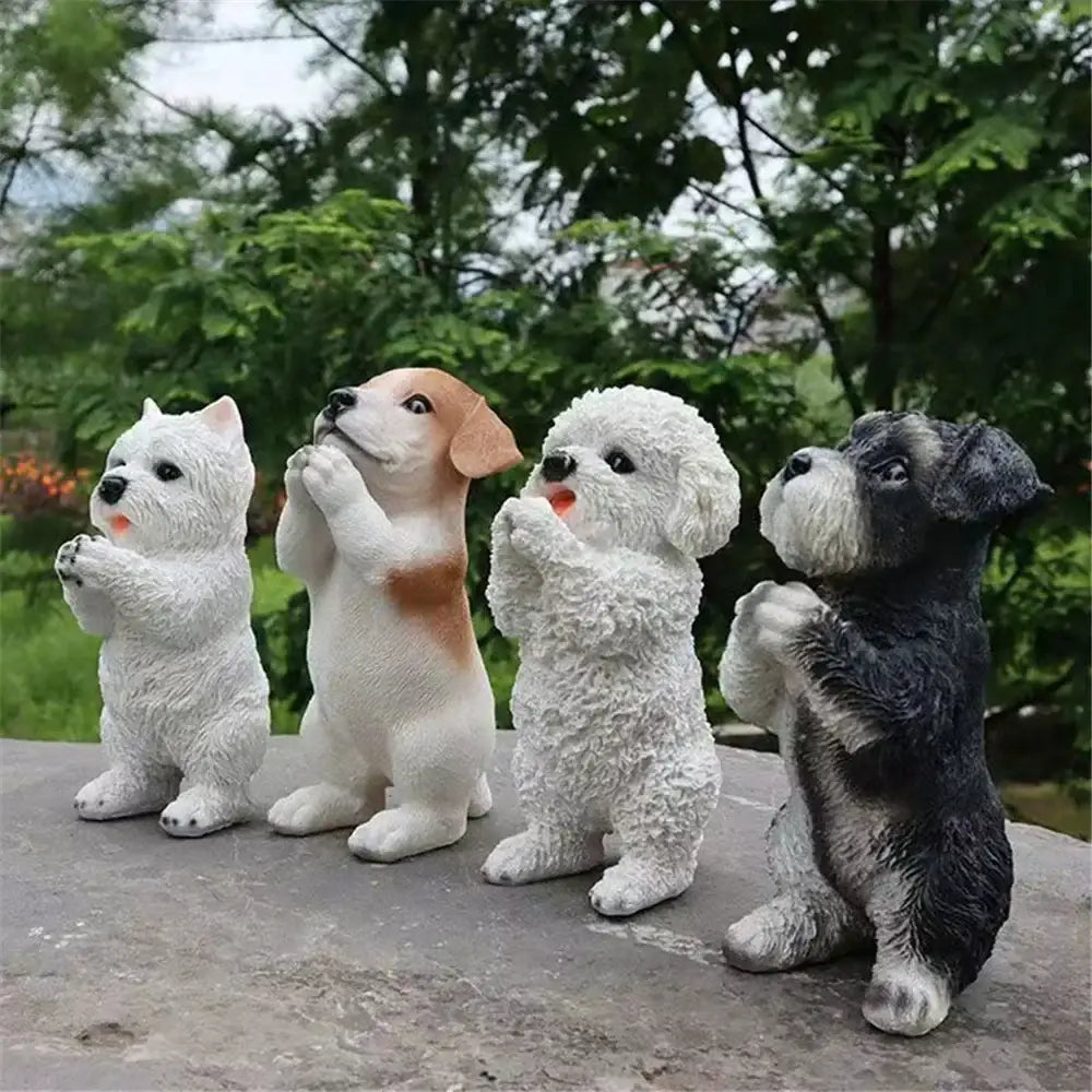 Four miniature lifelike black and white resin dog sculpture figurines in varied colors for decorbites dog decor living room use