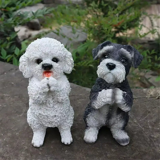 Two adorable resin dog sculptures in white curly and black and white schnauzer styles for decorbites dog sculpture decor