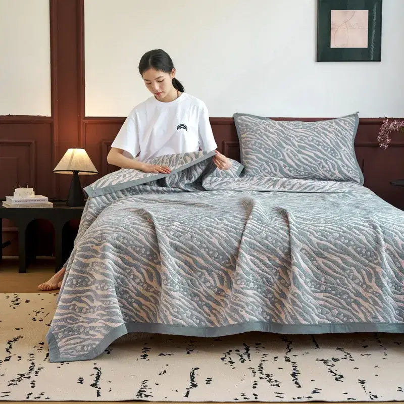 Light blue and gray summer cool quilt with gray and beige wave pattern decorbites cotton towel blanket