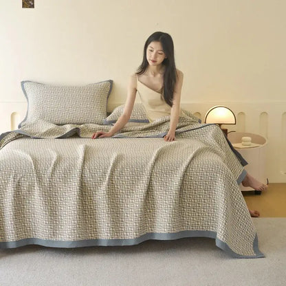 Beige and gray geometric-patterned decorbites cotton summer cool quilt towel blanket with soft textured weave