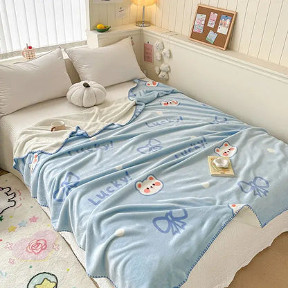 Light blue bear pattern cozy milk velvet blanket with cute cartoon faces and lucky text for bedroom and travel decorbites cozy milk