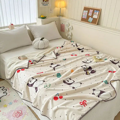 Cream-colored cozy milk velvet blanket with playful panda, cherries, and cacti patterns for bedroom travel decorbites cozy milk