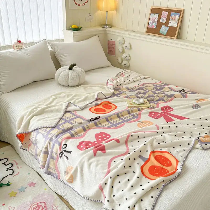 A cozy cream-colored milk velvet blanket with autumn pumpkins pink bows and plaid black polka dots from decorbites cozy milk