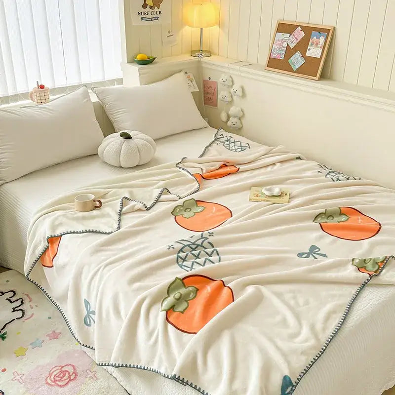 Cream-colored cozy milk velvet blanket with orange persimmons green leaves and light blue bows for decorbites cozy milk