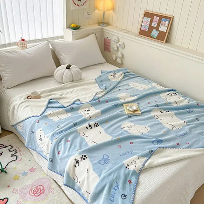 Light blue bear pattern cozy milk velvet blanket with polar bears and lucky print for bedroom and travel use