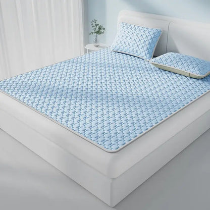 Light blue quilted decorbites cooling latex pad with soft padded texture and subtle geometric pattern for bedroom use
