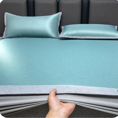Teal cooling jacquard fitted sheet with textured surface and gray border by decorbites for mattress protection
