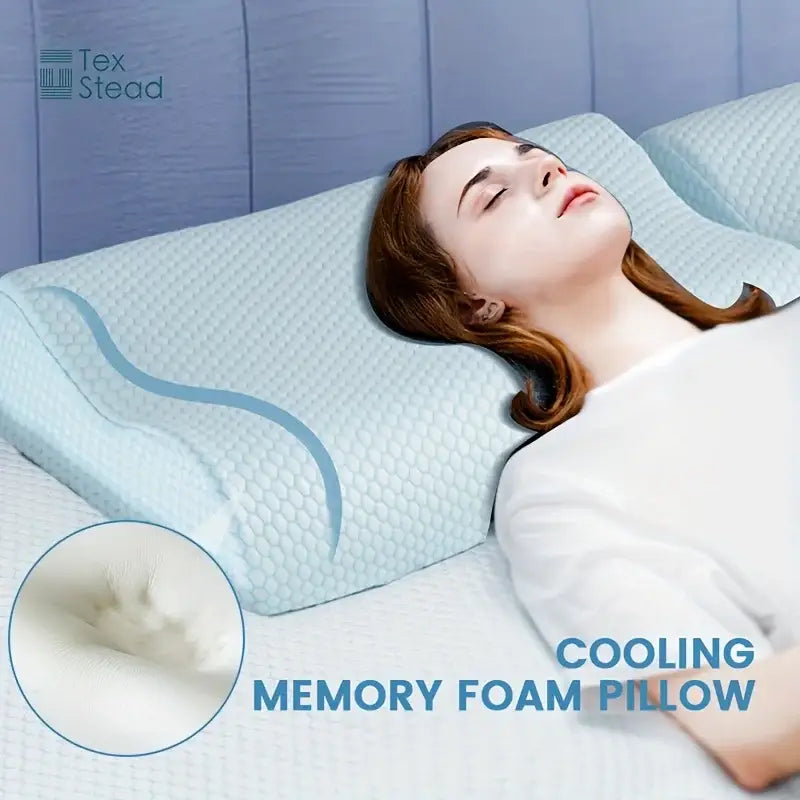 Light blue cooling memory foam contour neck pillow with textured design for bedroom support and decorbites cooling memory foam