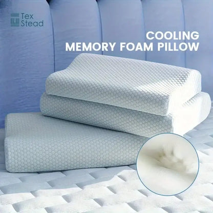 Light blue cooling memory foam contour neck pillow with white cooling memory foam and textured hexagonal pattern