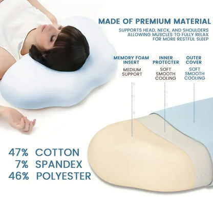 Light blue cooling memory foam pillow with soft contoured ergonomic design for neck and shoulder support