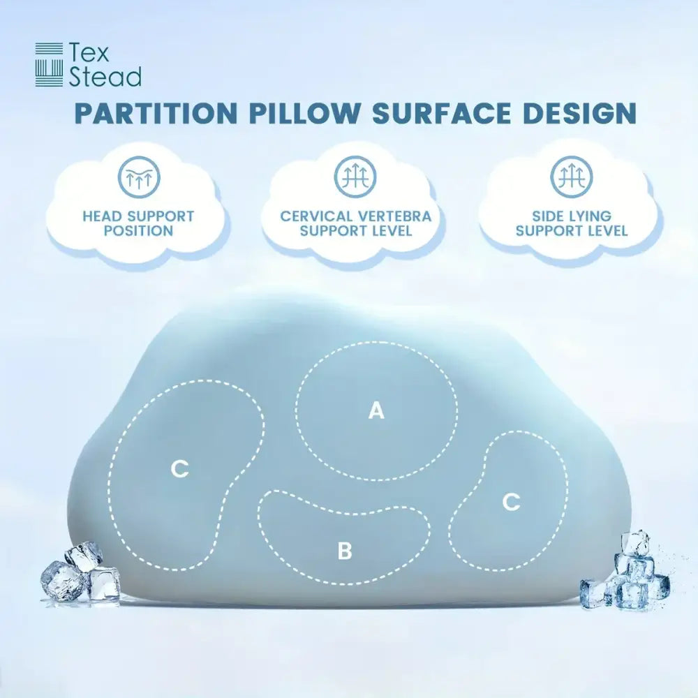 Light blue cooling memory foam pillow with contour sections a b and c for ergonomic head and cervical support