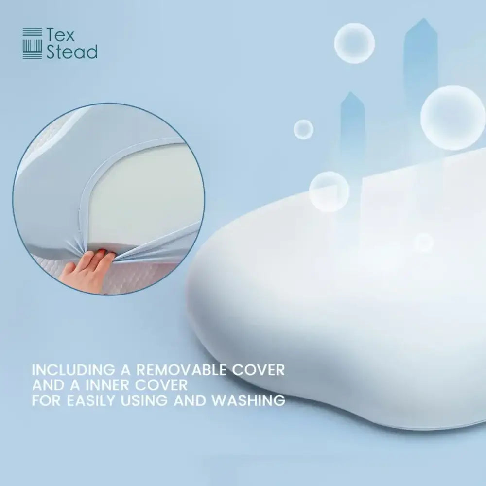 Tex stead memory foam pillow with a soft light blue removable cover and inner cover for easy washing ergonomic design