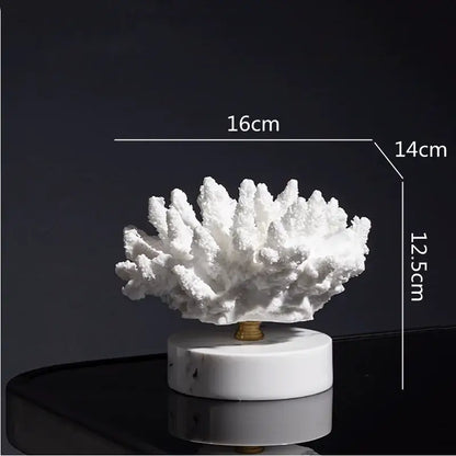 White coral reef simulation sculpture with textured branches on circular white marble base for living room decorbites coral reef