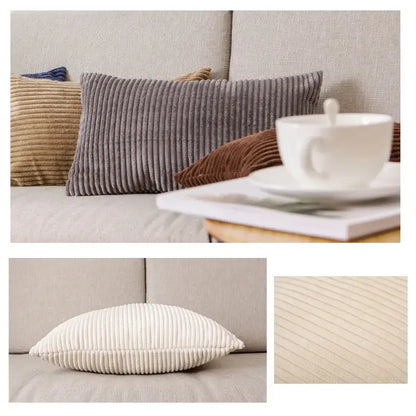 Gray corduroy flocking pillow cover with vertical ribs featuring a soft textured surface for decorbites living room decor
