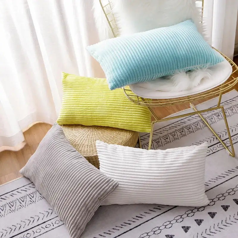 A set of four rectangular corduroy flocking pillow covers in light blue lime green gray and white for living room decorbites decor