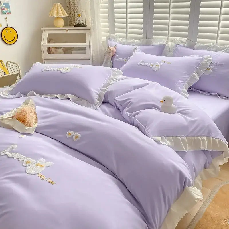 Lavender cotton bedding set with delicate white ruffles and floral embroidery for decorbites cartoon embroidery decor