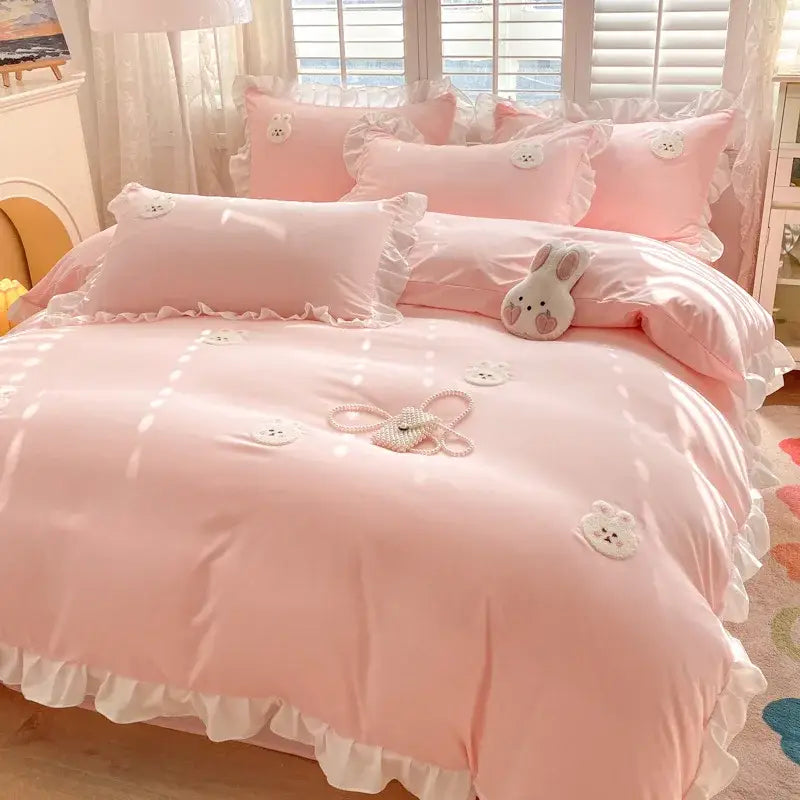 Pink ruffled cotton bedding set with embroidered white bunny appliqués and lace trim for decorbites cartoon embroidery decor