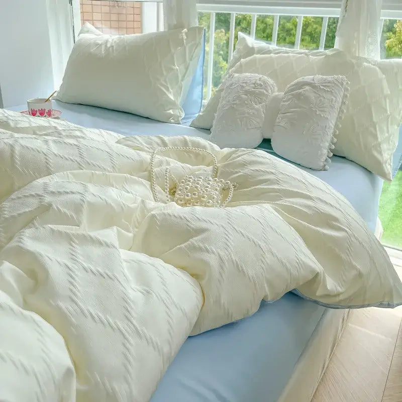 A delicate pearl-handled clutch bag with textured cream fabric complements light blue diamond grid jacquard bedding sets