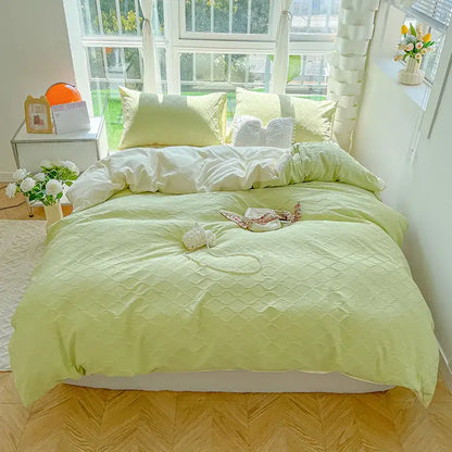 Light green quilted duvet cover set with subtle diamond pattern in grid jacquard bedding for bedroom comfort