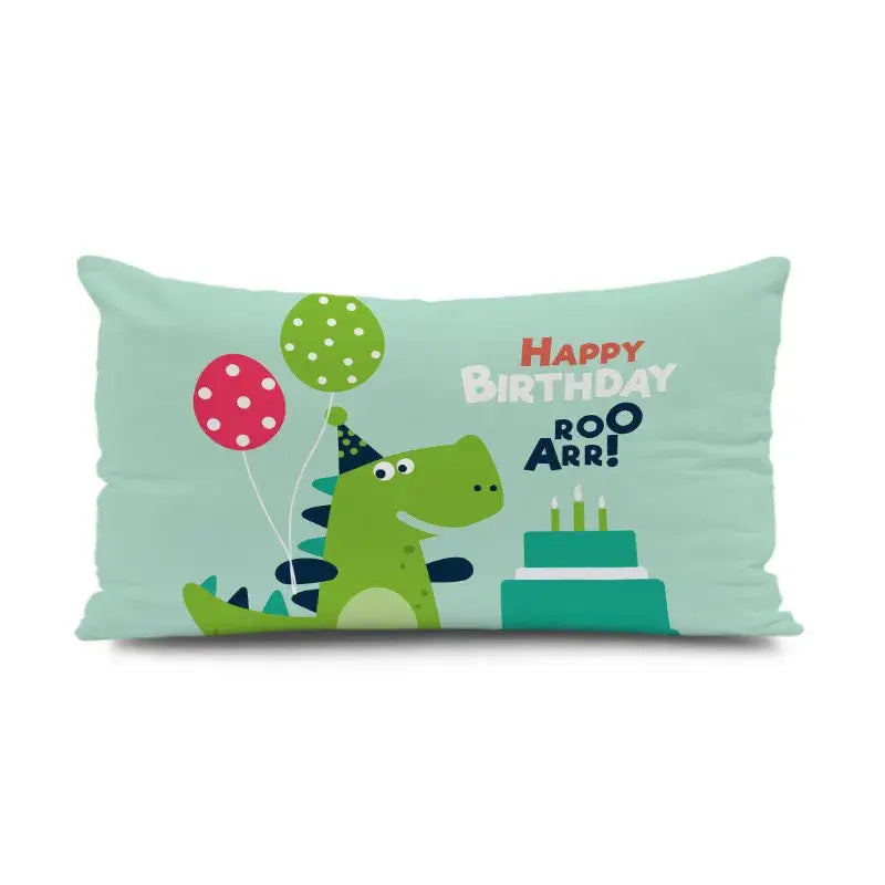 Light blue decorbites dinosaur animal pillowcase featuring a cartoon dinosaur with balloons and happy birthday text for decor