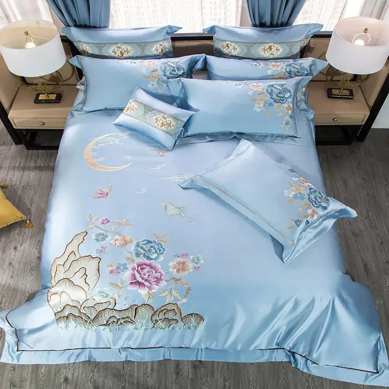 Light blue satin bedding set with intricate floral and moon gold thread 200s cotton embroidery for bedroom