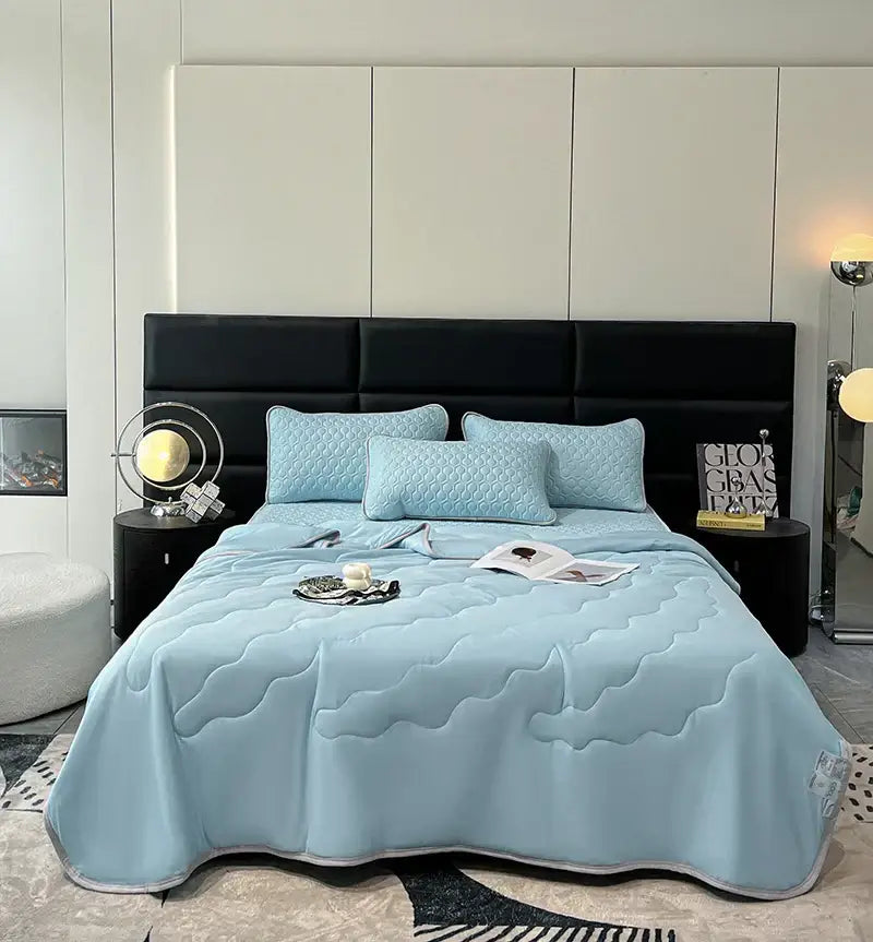Light blue ice silk quilt set with plush texture and subtle wave-pattern stitching for decorbites cool feeling bedding