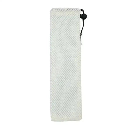 White mesh pouch with black drawstring closure as part of decorbites cotton linen cutlery case for travel use