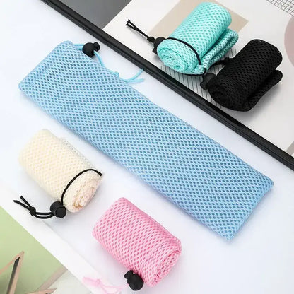 Light blue mesh cotton linen cutlery case with black drawstring closure for dining room travel by decorbites cotton linen