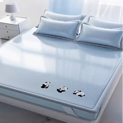 Light blue panda cooling antibacterial mattress pad with textured surface and black panda illustrations by decorbites cooling antibacterial