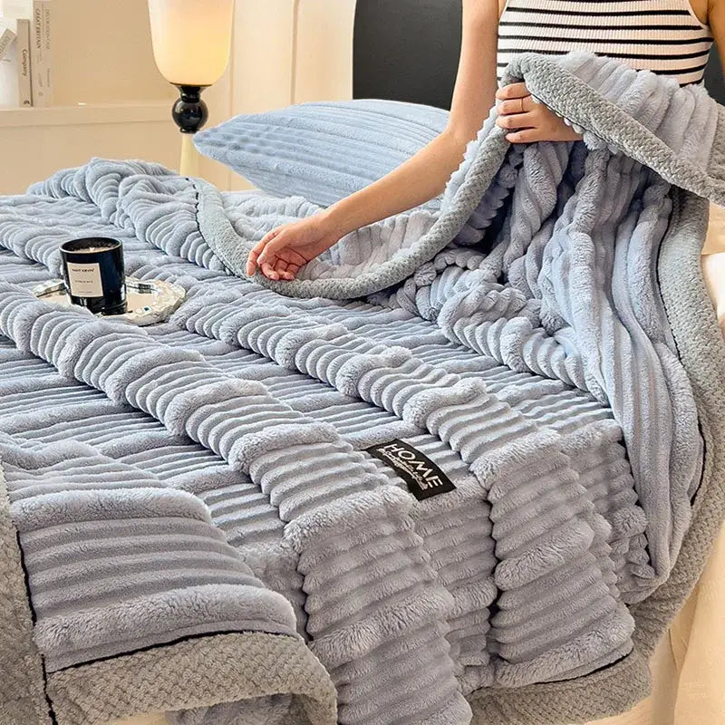Light gray ribbed cozy faux rabbit plush throw blanket with soft textured surface and fleece lining for bedroom decorbites cozy faux
