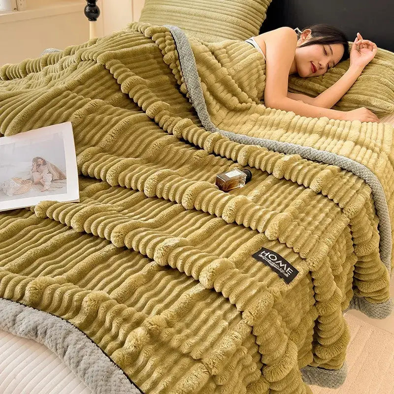 Olive green corduroy throw blanket with soft plush texture and gray fleece lining decorbites cozy faux rabbit plush